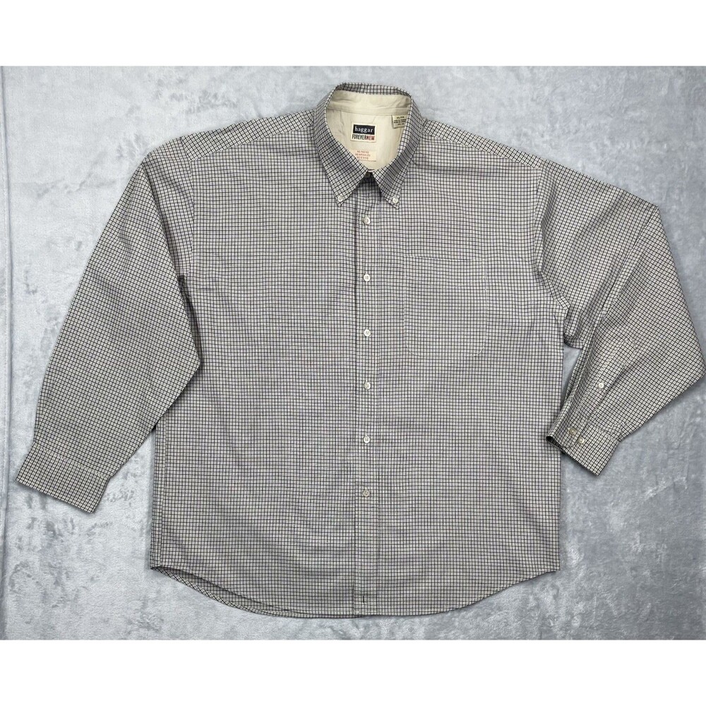 Haggar Men's XL Dress Shirt "Forever New" Tan/Blue Plaid,Long Sleeve